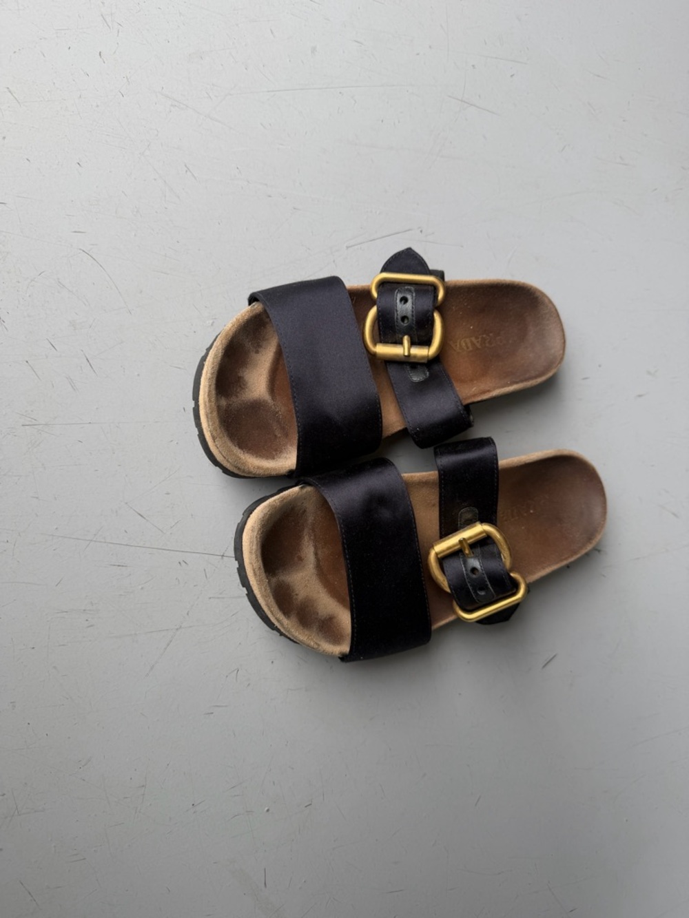 Prada Black Leather Slide Sandals with Gold Buckles - Picture 2 of 3